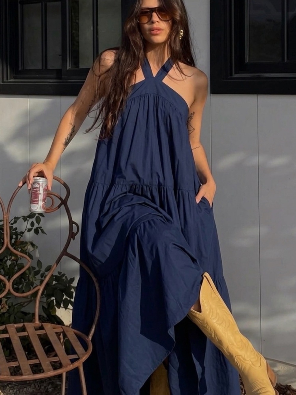 Tuckernuck En Saison Irene Navy Tiered Cotton Poplin Maxi Dress Size S